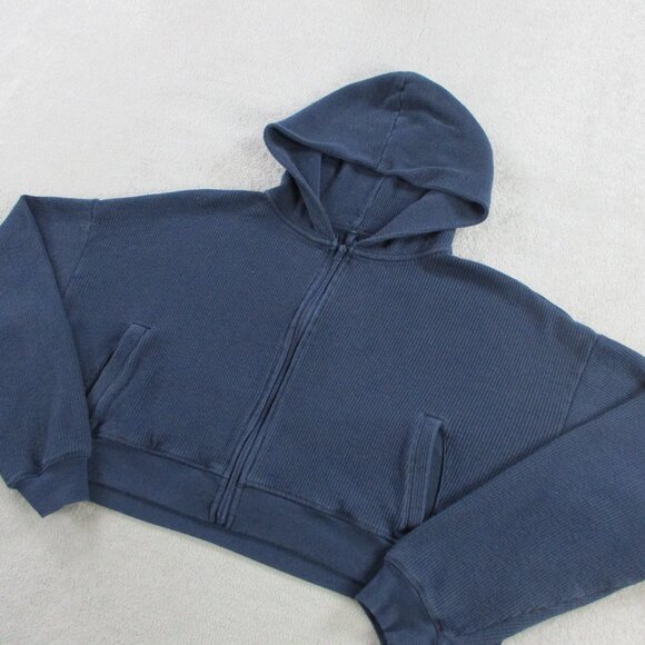 SKIMS Heavyweight Waffle Cropped Hoodie Womens XL Navy Blue Full Zip Knit EUC - Picture 4 of 10